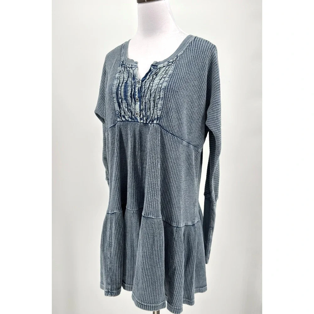 Free People One Jolene Blue Waffle Knit thermal Tiered Mini Dress Sz M